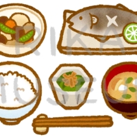 A Japanese-style set meal (rice, miso soup, grilled or simmered dish, etc..) 煮物、焼き魚の定食のイラスト