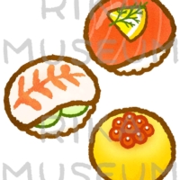 Ball-shaped sushi(salmon, shrimp, salmon roe and egg) サーモン、海老、いくらの手まり寿司のイラスト
