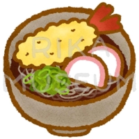 Hot buckwheat noodles topped with tempura 天ぷらそばのイラスト
