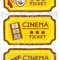 ポップコーンと映写機が描かれた映画のチケットのイラスト