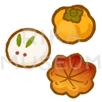 Japanese sweets in the shape of a persimmon, rabbit(otsukimi), colored leaf 柿、うさぎ、紅葉を象った練り切りのイラスト