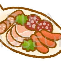 美味しそうなソーセージとハムの盛り合わせのイラスト
